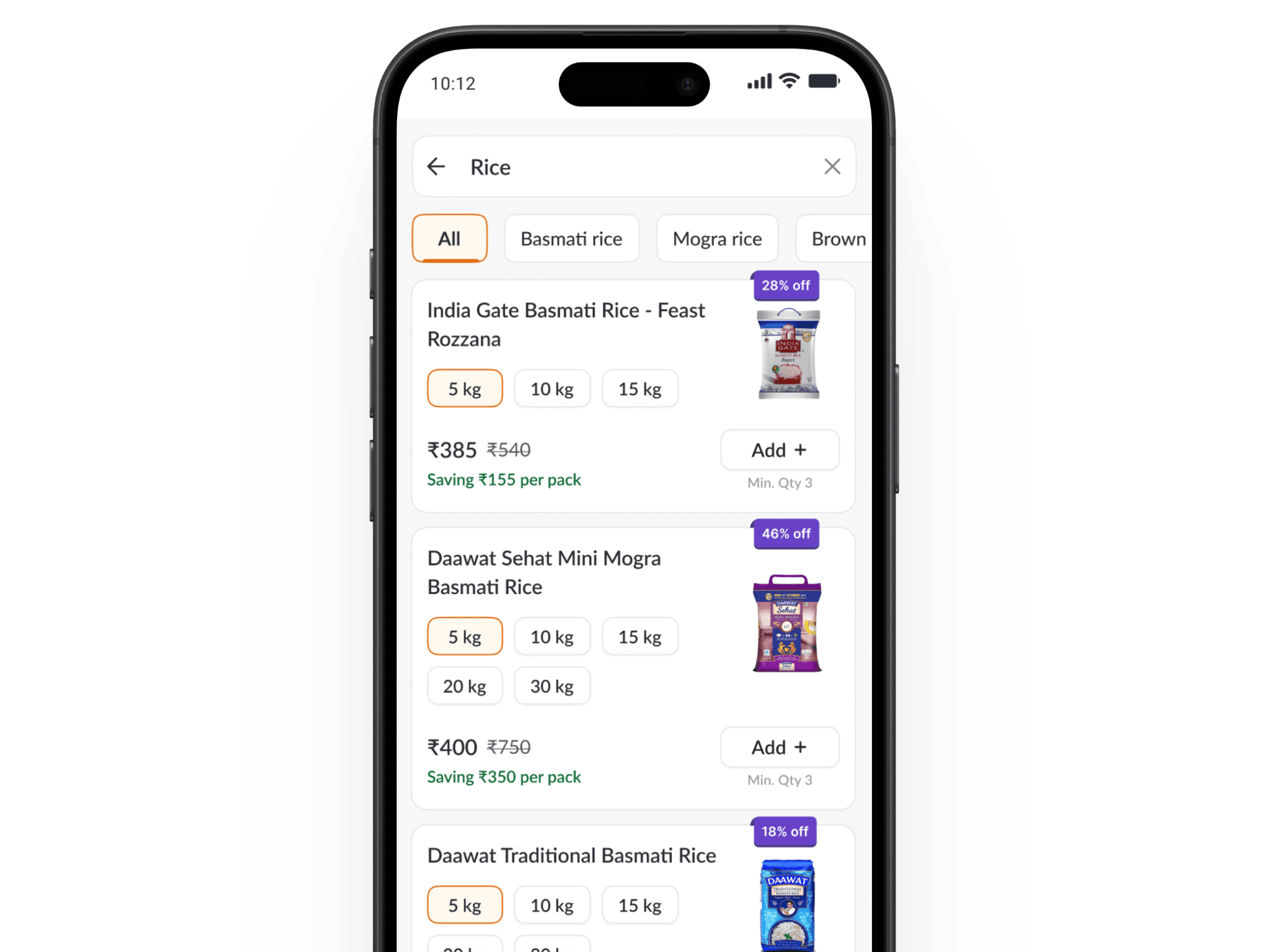 Grocery app listing page